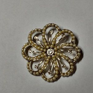 Monet silver, pearl, and rhinestone flower brooch